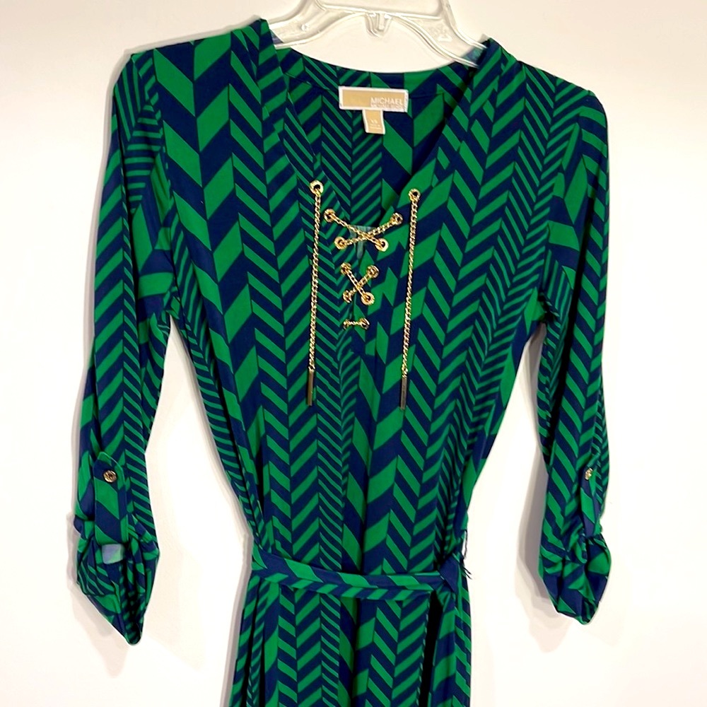 Michael Kors Green Navy chevron dress Gold chain XS